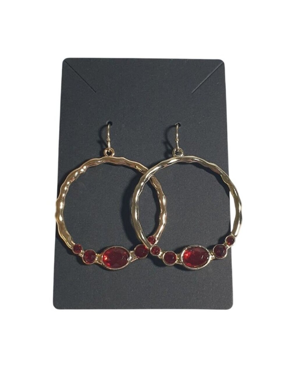 Gold Hoop Earrings Red Gem Accents Round Classic Dangle Jewelry Fashion New